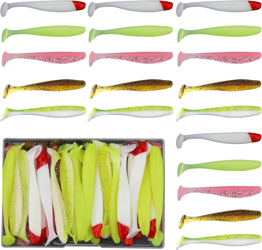 50Pcs Soft Fishing Lures, Plastic Fishing Baits & Tackle Box, Paddle Tail Swimbaits Soft Plastic Lures Kit for Bass Trout Walleye Crappie