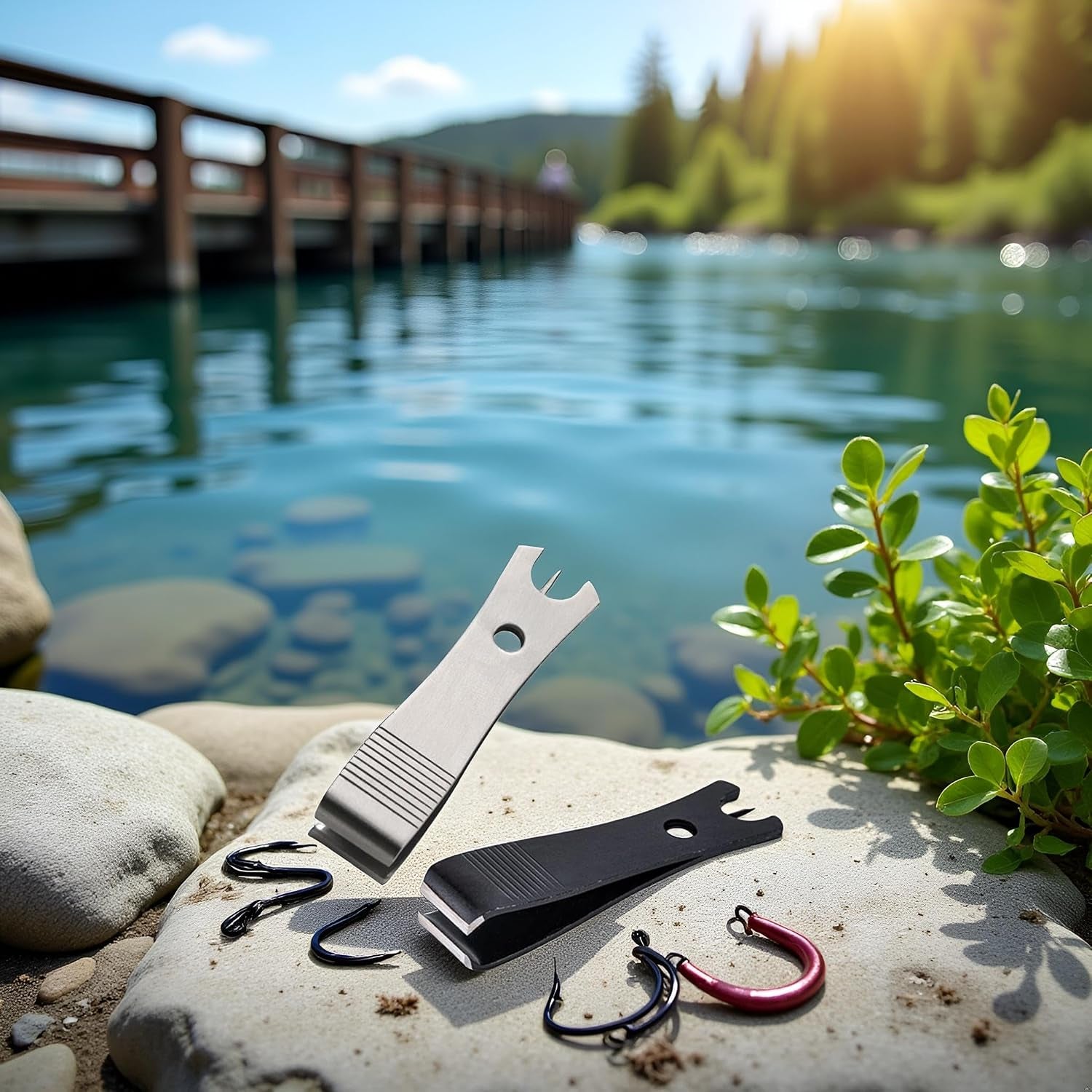 2Pcs Black Silver Fishing Line Cutter Nipper with Hook Eye Cleaner Pin Stainless Steel Fishing Line Scissors Cutting Tool Fishing Line Cutter Nipper with Hook Multi Functional Accessories（51*11.5Mm)