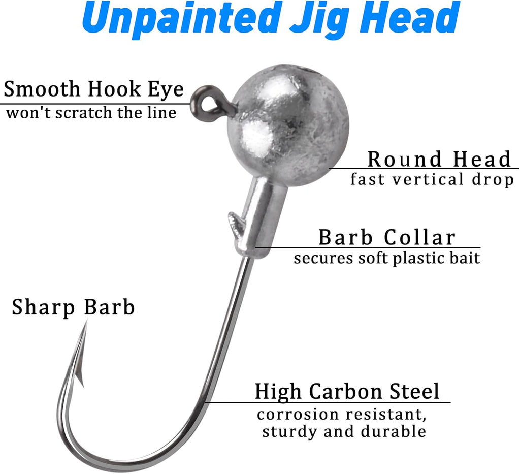 Jig Heads Fishing Hooks Set,Unpainted Jig Heads round Ball Crappie Jigs Sharp Swimbait Jig Heads for Bass Trout Crappie Walleye Saltwater Freshwater Fishing