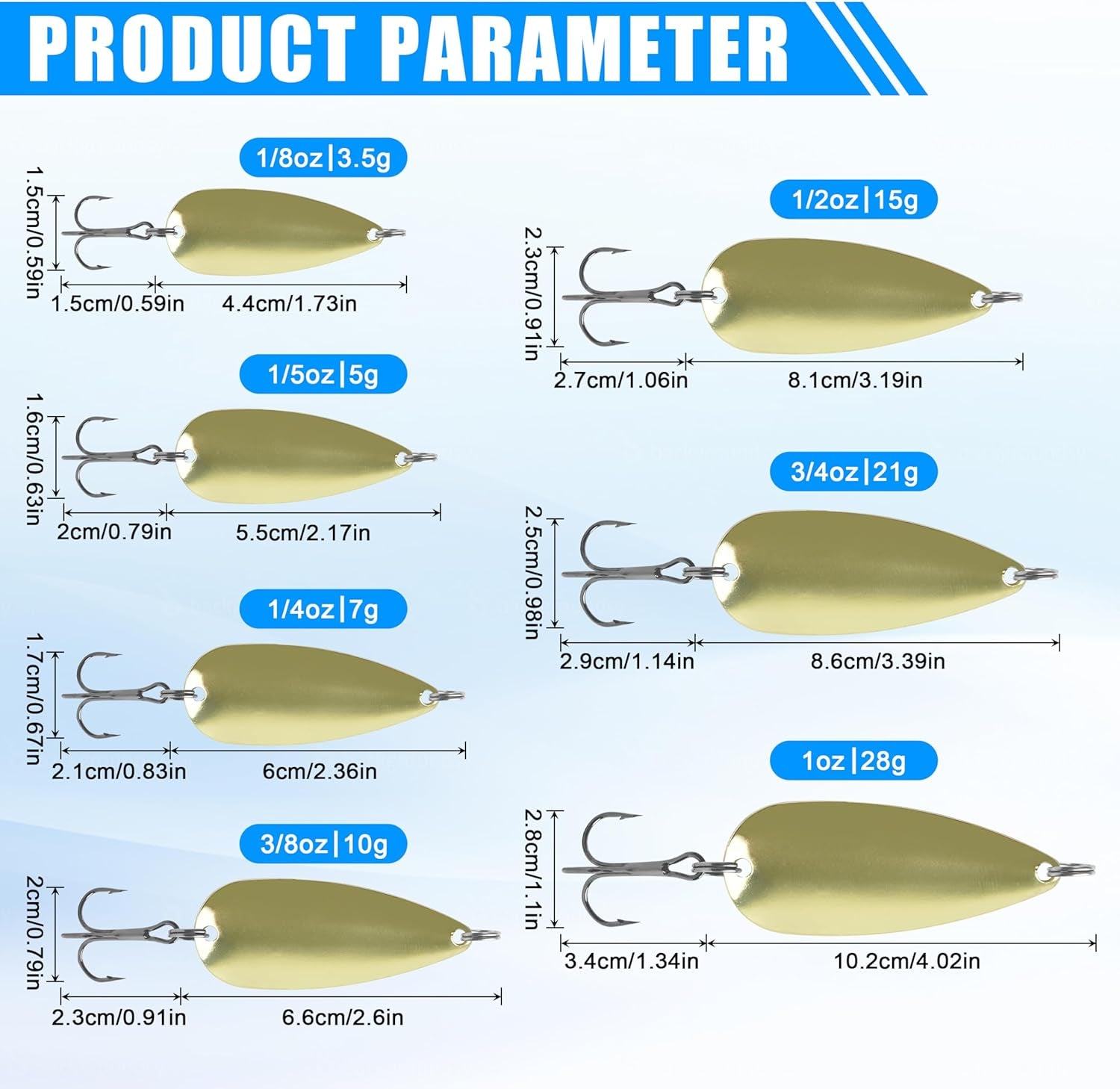Fishing Spoons Metal Fishing Lures Kit, 5Pcs Gold Metal Jigging Trout Lures Casting Trolling Spoon with with Treble Hooks for Trout Bass Pike Walleye Crappie Bass Salmon