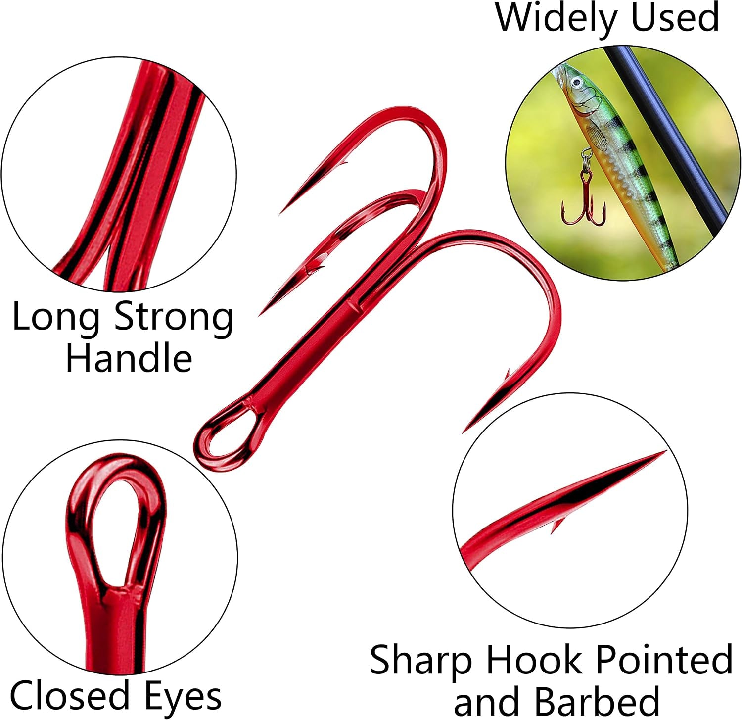 Red Treble Hooks Kit, Circle round Bend Triple Fishing Hooks Stainless Steel Double Split Rings Assorted Fishing Tackle Box Kit for Fishing Gear Equipment Freshwater Saltwater