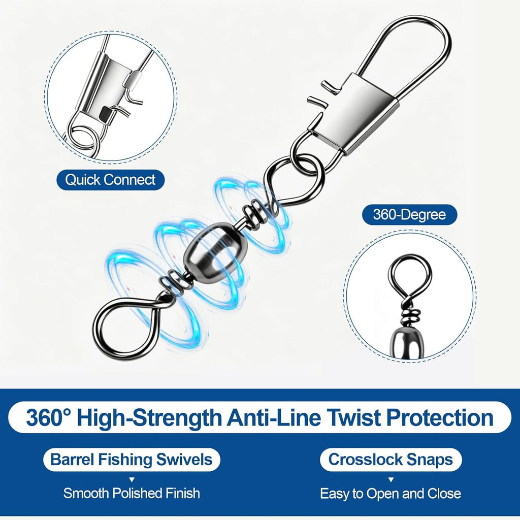 200PCS Ball Bearing Barrel Snap Swivels, Heavy Duty Fishing Swivels with Safety Snap, Anti-Tangle Fishing Tackle Connectors for Freshwater Saltwater Lures Hooks