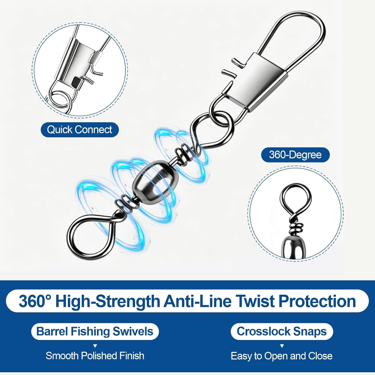 200PCS Ball Bearing Barrel Snap Swivels, Heavy Duty Fishing Swivels with Safety Snap, Anti-Tangle Fishing Tackle Connectors for Freshwater Saltwater Lures Hooks