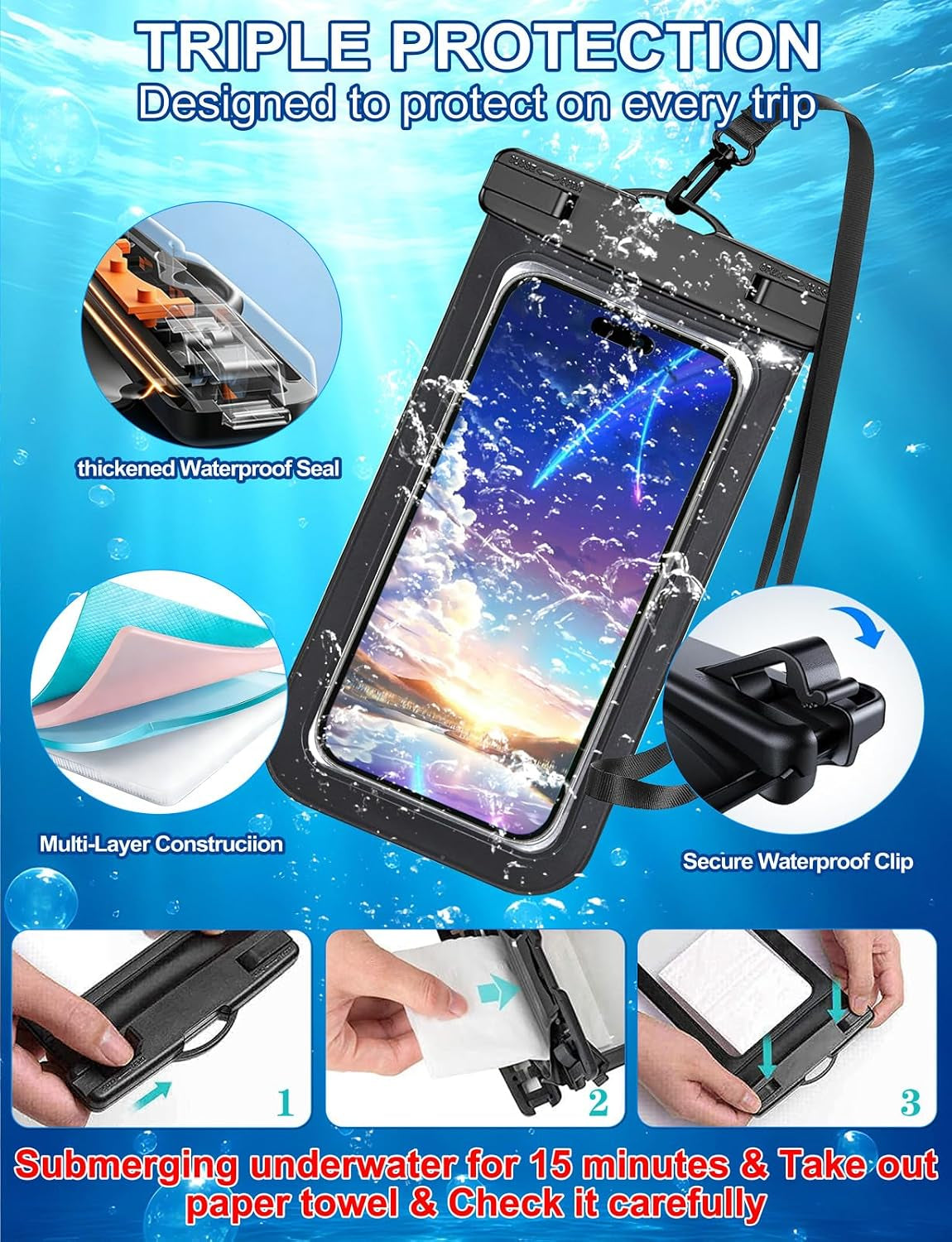 Waterproof Phone Pouch,2 Pack White Phone Waterproof Case,Cell Phone Dry Bag,Protection Level: Ip68,Beach Cruise for Apple Iphone,Samsung,And More,Lanyard Included,(Fits up to 8.3”),White
