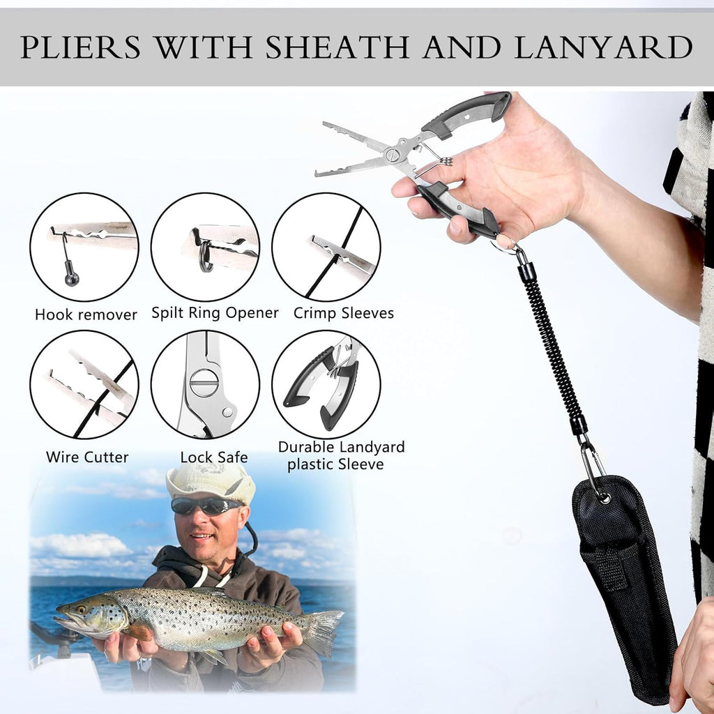 7 Pcs Fishing Gear and Equipment Fishing Net Tool Kit for Boys Men Fish Accessories Include Foldable Landing Net Hook Remover Tool, Digital Scale, Lanyard Beginners Gifts(51.2 Inches,Black)