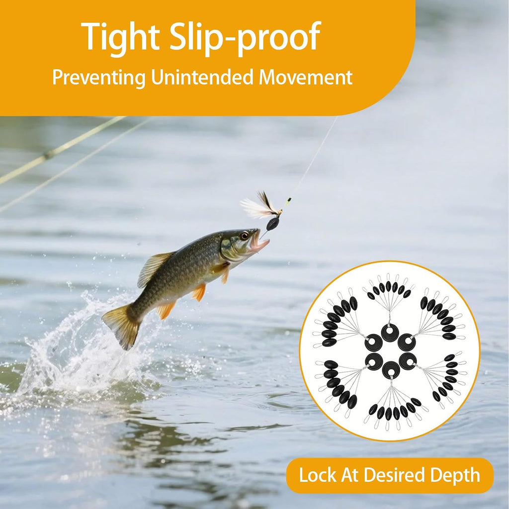 900PCS 6 in 1 Rubber Bobber Stops for Fishing Line Tough Tear-Resistant Bobber Stopper Tight Slip-Proof Stops L M and S Size Universal Tackle for Freshwater Saltwater Anglers Float Stop Kit (Black)