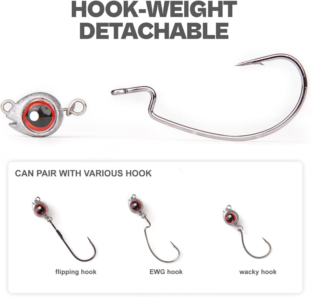 15-Sets Detachable Fish Head Swimbait Jig Heads - Weedless EWG Hooks Kit for Fishing (15 Fish Eye Weights + 15 Hooks)