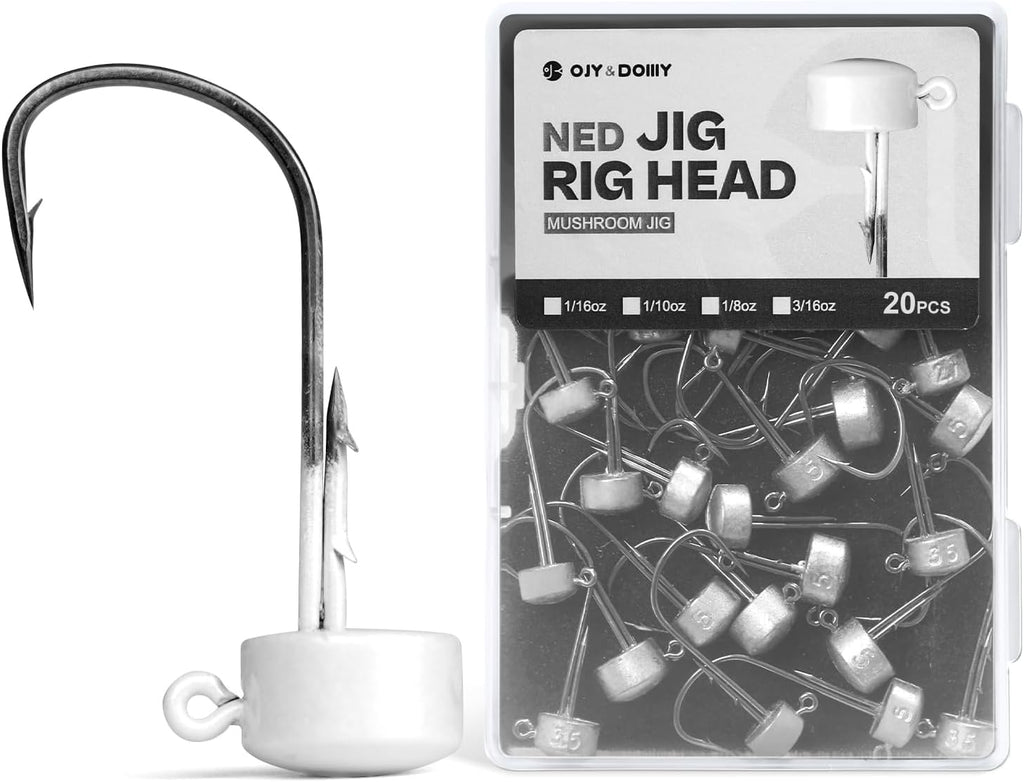 Ned Rig Jig Heads, 20 Pack Finesse Mushroom Jig Hooks Kit for Bass Fishing 1/16 3/32 1/8 3/16Oz