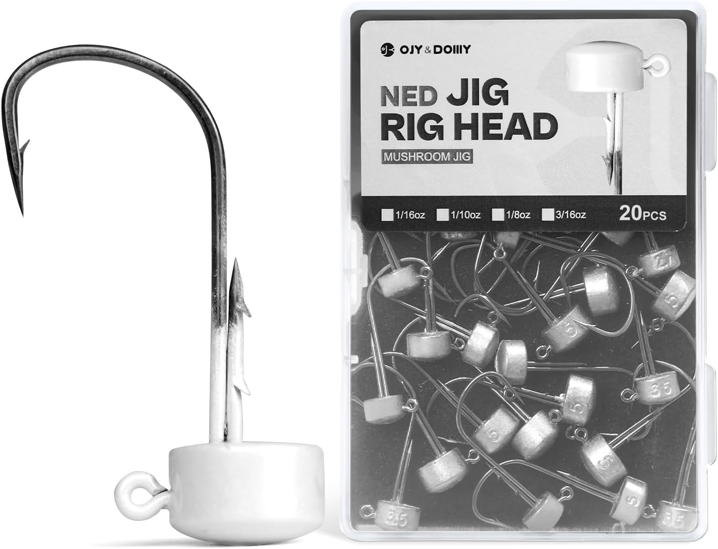 Ned Rig Jig Heads, 20 Pack Finesse Mushroom Jig Hooks Kit for Bass Fishing 1/16 3/32 1/8 3/16Oz