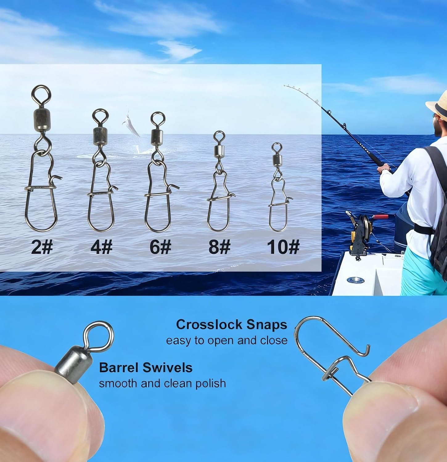 50 Pack Fishing Swivels, 5 Sizes Barrel Swivels with Snaps for Fishing Tackle Accessories
