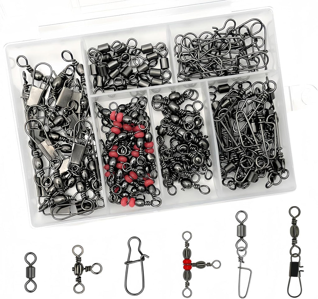 110Pcs Strong Fishing Snap Swivels Kit, Include Rolling Barrel Swivels, Premium 3 Ways Fish Line Connector with Snaps Clips, Fishing Terminal Accessories Tackle Box for Lures Sinkers