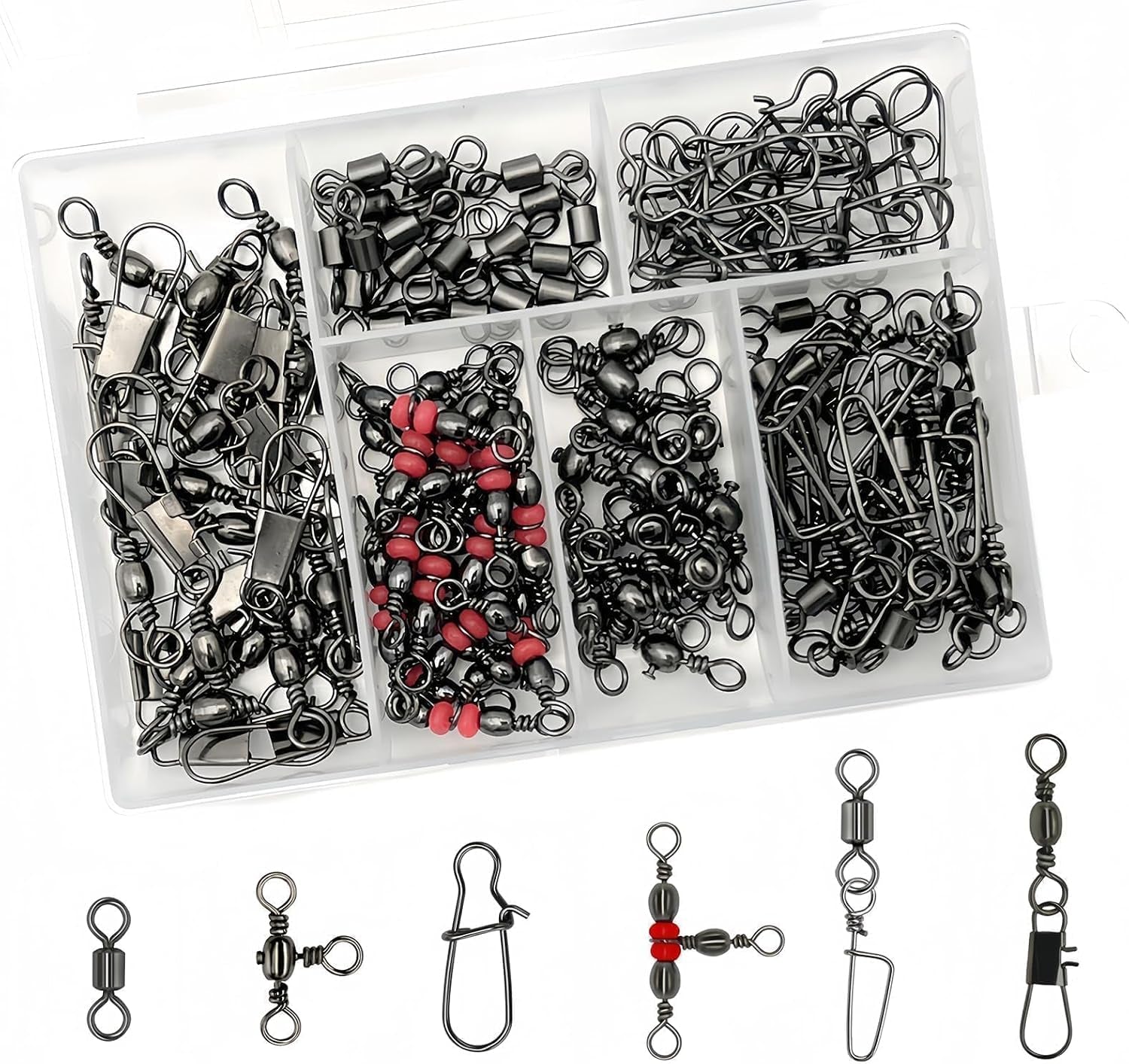 110Pcs Strong Fishing Snap Swivels Kit, Include Rolling Barrel Swivels, Premium 3 Ways Fish Line Connector with Snaps Clips, Fishing Terminal Accessories Tackle Box for Lures Sinkers