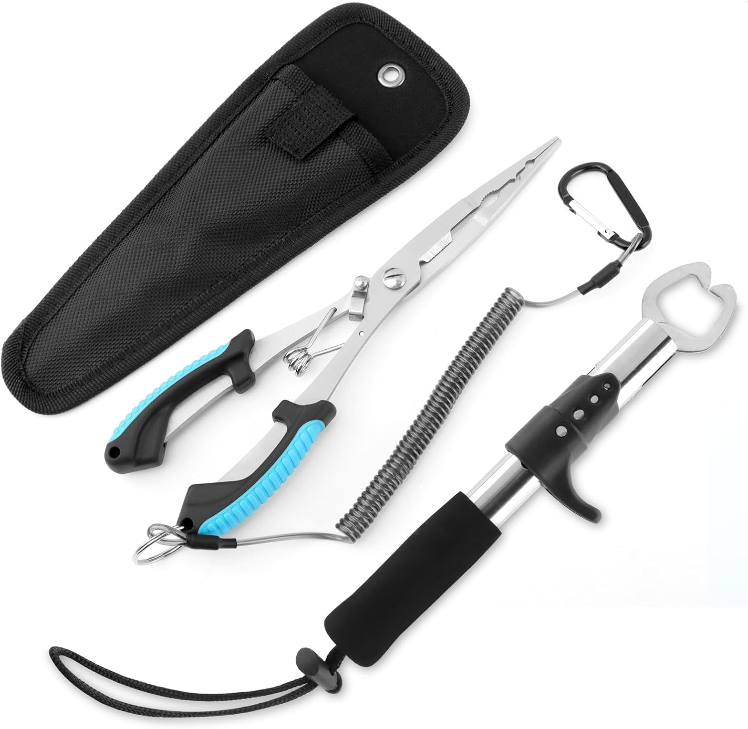 Stainless Steel Fishing Pliers and Fish Gripper Set with Sheath & Lanyard - Multifunctional Fishing Tool Kit for Saltwater Freshwater, Hook Remover, Line Cutter, Crimping