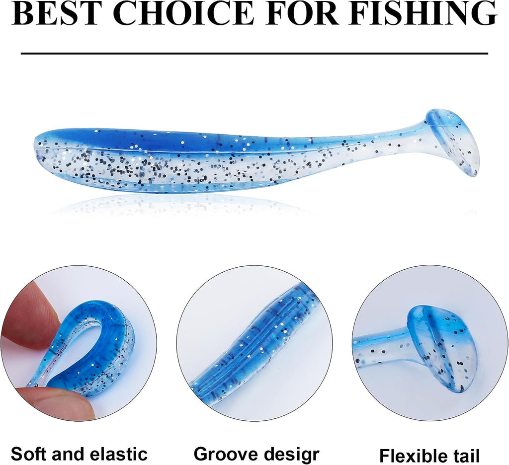 Soft Fishing Lures，90Pcs Fishing Soft Plastic Lures and 5Pcs Fishhook,Paddle Tail Swimbaits Soft Plastic Lures Kit for Bass Trout Walleye Crappie