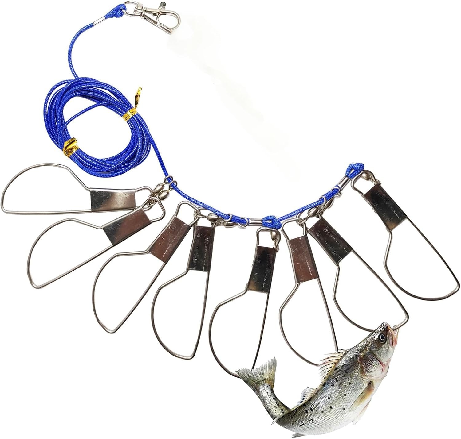 Fish Stringer，Fishing Stringer Set, 16Ft Fish Holder Rope with 8 Rotating Snap Locks and Ground Anchor, Heavy Duty Fish Lock for Trout, Perch, Bass, Saltwater or Freshwater Use