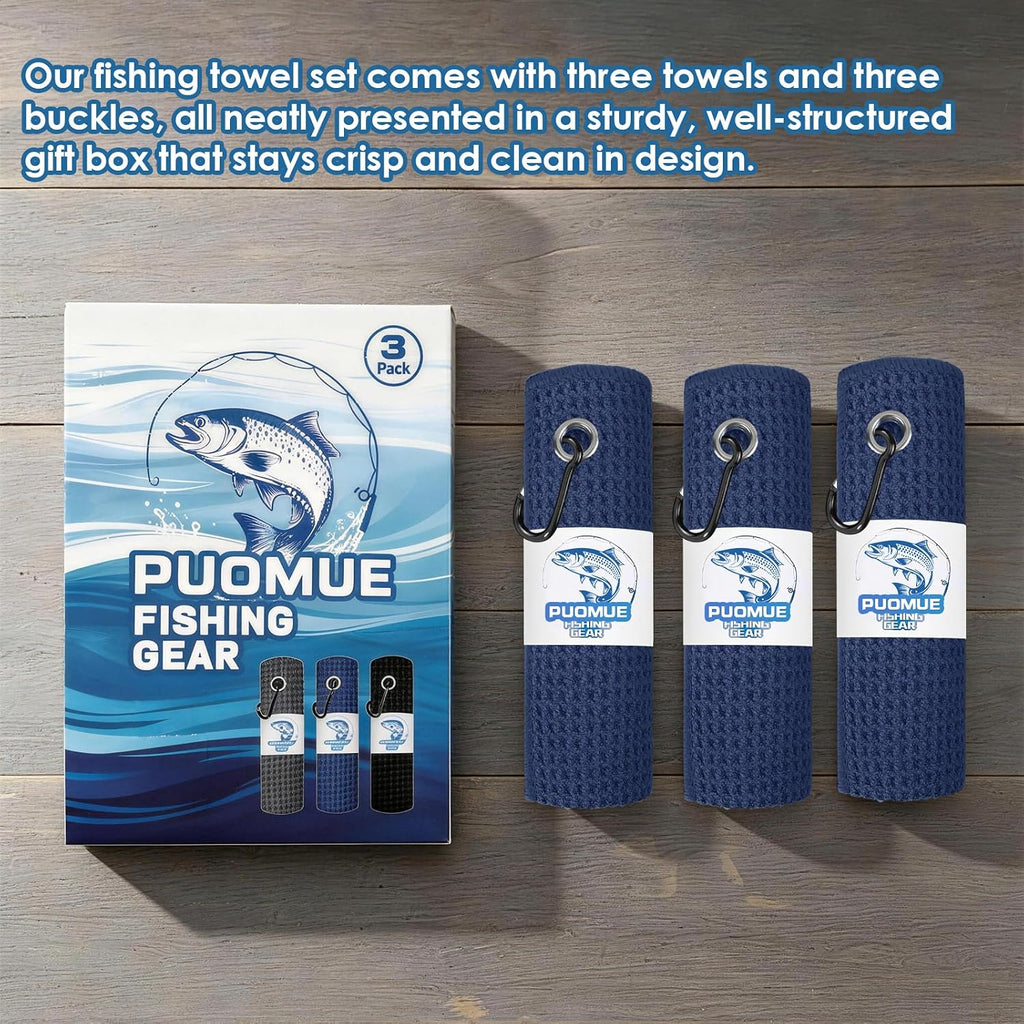 3 Pack Microfiber Fishing Towels with Clip, 16" X 16", Waffle Pattern for Effective Cleaning of Fishing Gears or Dirty Hands, Perfect for Camping Towels and Hiking Towles (Blue, 16"X16")