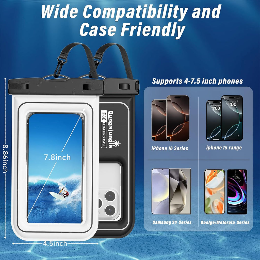 Waterproof Phone Pouch - 2 Pack IP68 Floating Waterproof Phone Case, Dry Bag Beach Cruise Essentials 2026 with Adjustable Lanyard for Iphone 17 16 15 Pro Max / Galaxy S24 S23 (Black and White)