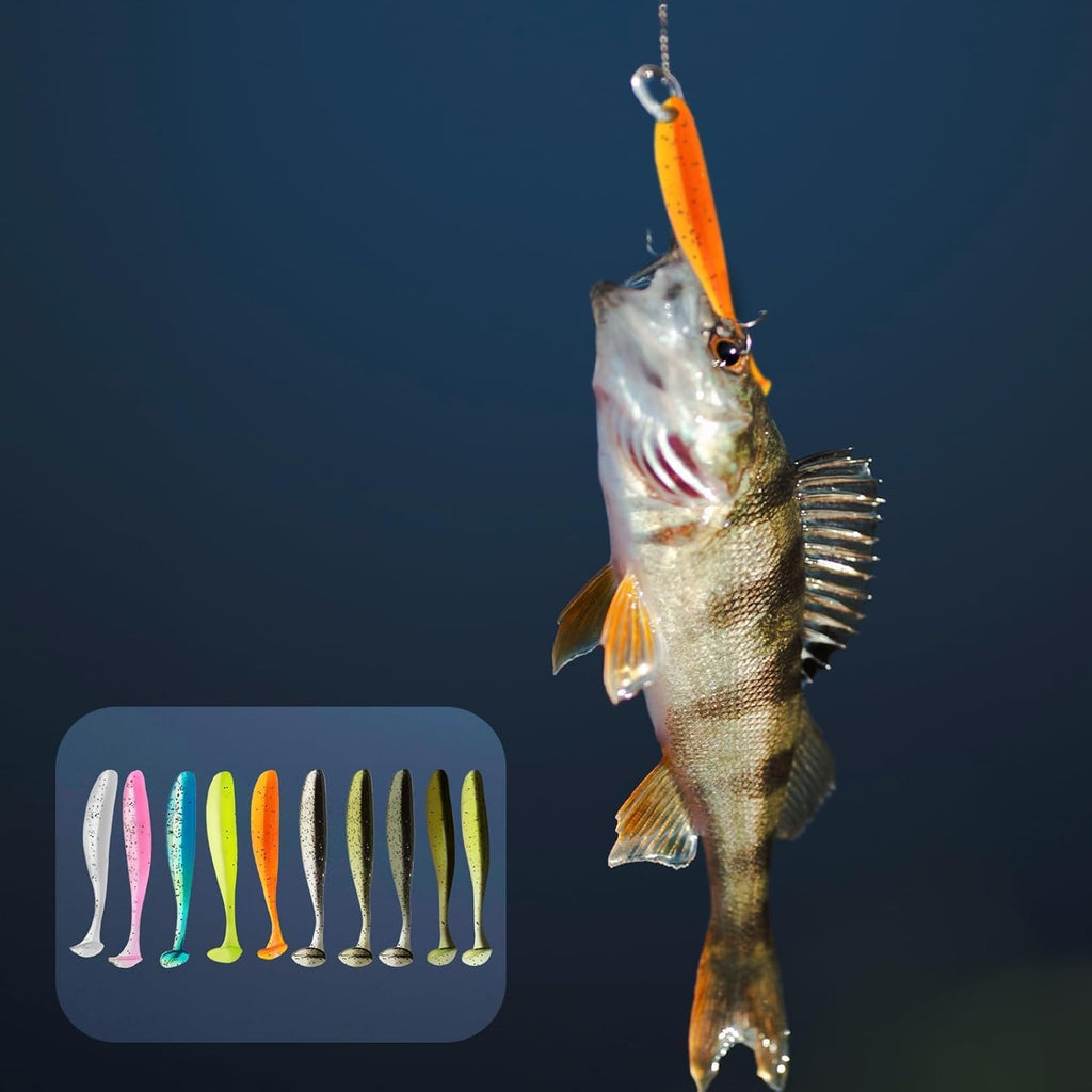 50 Pcs Soft Silicone Paddle Tail Swim Baits Fishing Lures | Pre-Rigged Jig Head, Bass Fishing Bait, Trout, Saltwater Freshwater, Glide Bait