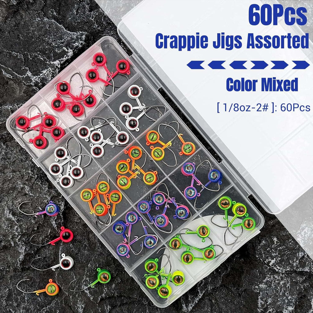 60Pcs Big Eye Crappie Jig Heads Kit, Bright Color Panfish Fishing Jig Heads Hook with Wired Bait Keeper Swimbait Jighead for Crappie Walleye 3 Sizes 1/32Oz 1/16Oz 1/8Oz