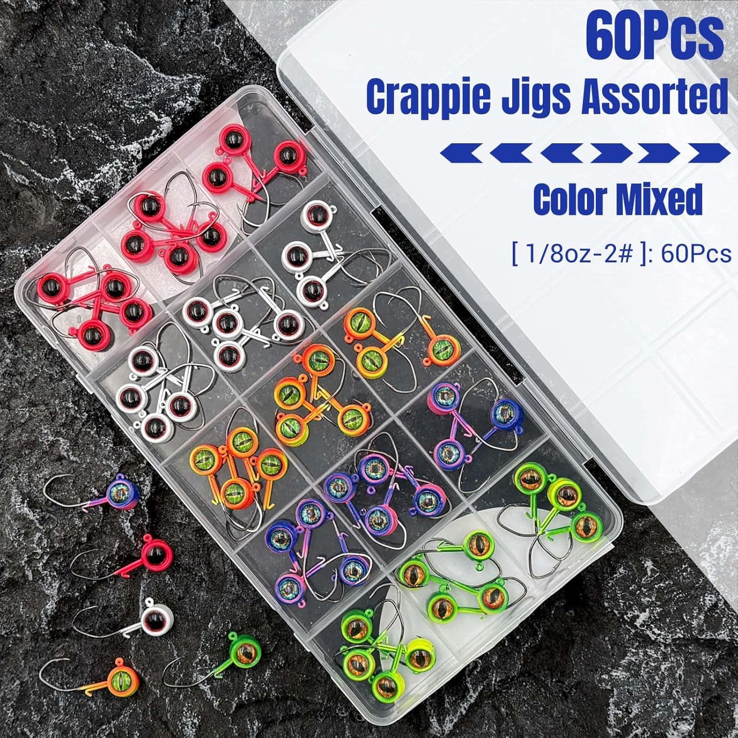 60Pcs Big Eye Crappie Jig Heads Kit, Bright Color Panfish Fishing Jig Heads Hook with Wired Bait Keeper Swimbait Jighead for Crappie Walleye 3 Sizes 1/32Oz 1/16Oz 1/8Oz