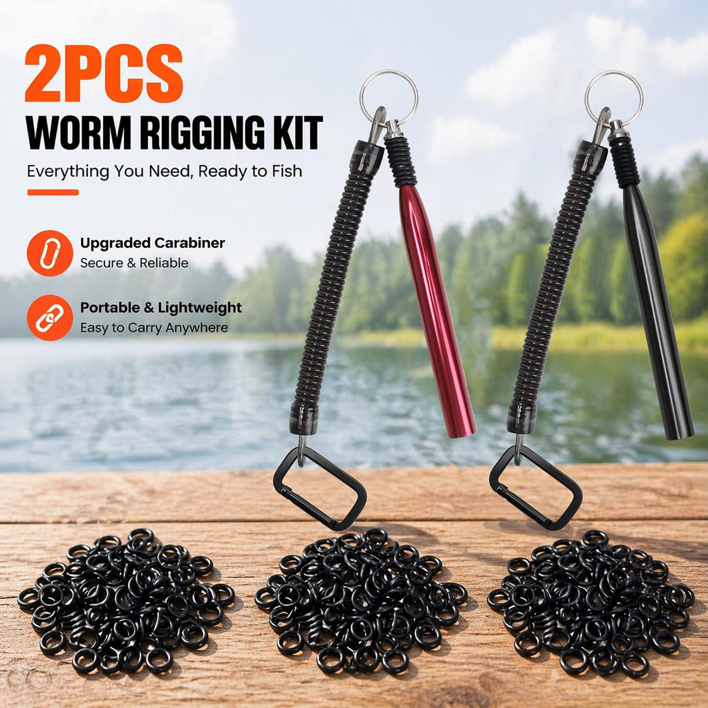 Wacky Rig Tools 2 Pcs with 320 Pcs Wacky O-Rings,  Wacky Worm Tools for Fishing Worm Rig Kits Fishing Rigging Utensil for Clip Baits Utensil with Keychain