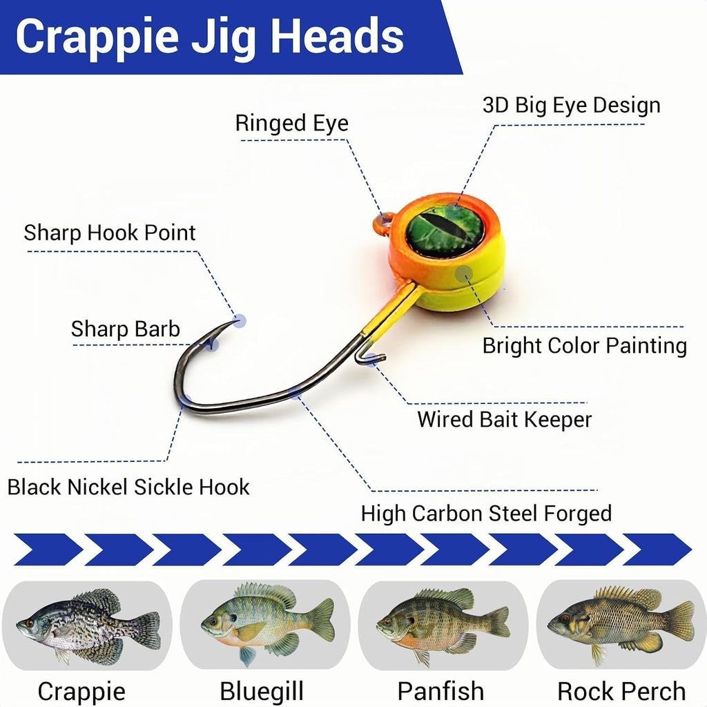 60Pcs Big Eye Crappie Jig Heads Kit, Bright Color Panfish Fishing Jig Heads Hook with Wired Bait Keeper Swimbait Jighead for Crappie Walleye 3 Sizes 1/32Oz 1/16Oz 1/8Oz