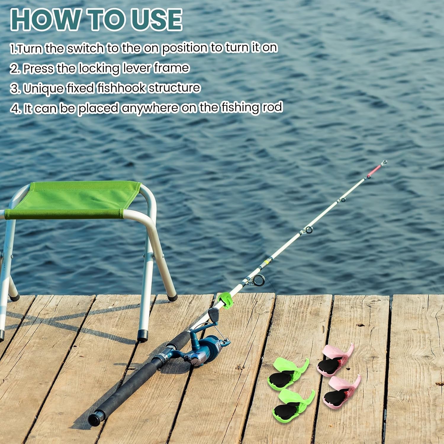 Fishing Rod Holder Clips, 8 Pack Portable Fishing Pole Holders for Beach & Ground, Durable ABS Rod Straps for Various Rod Sizes (4 Green ＆ 4 Pink)
