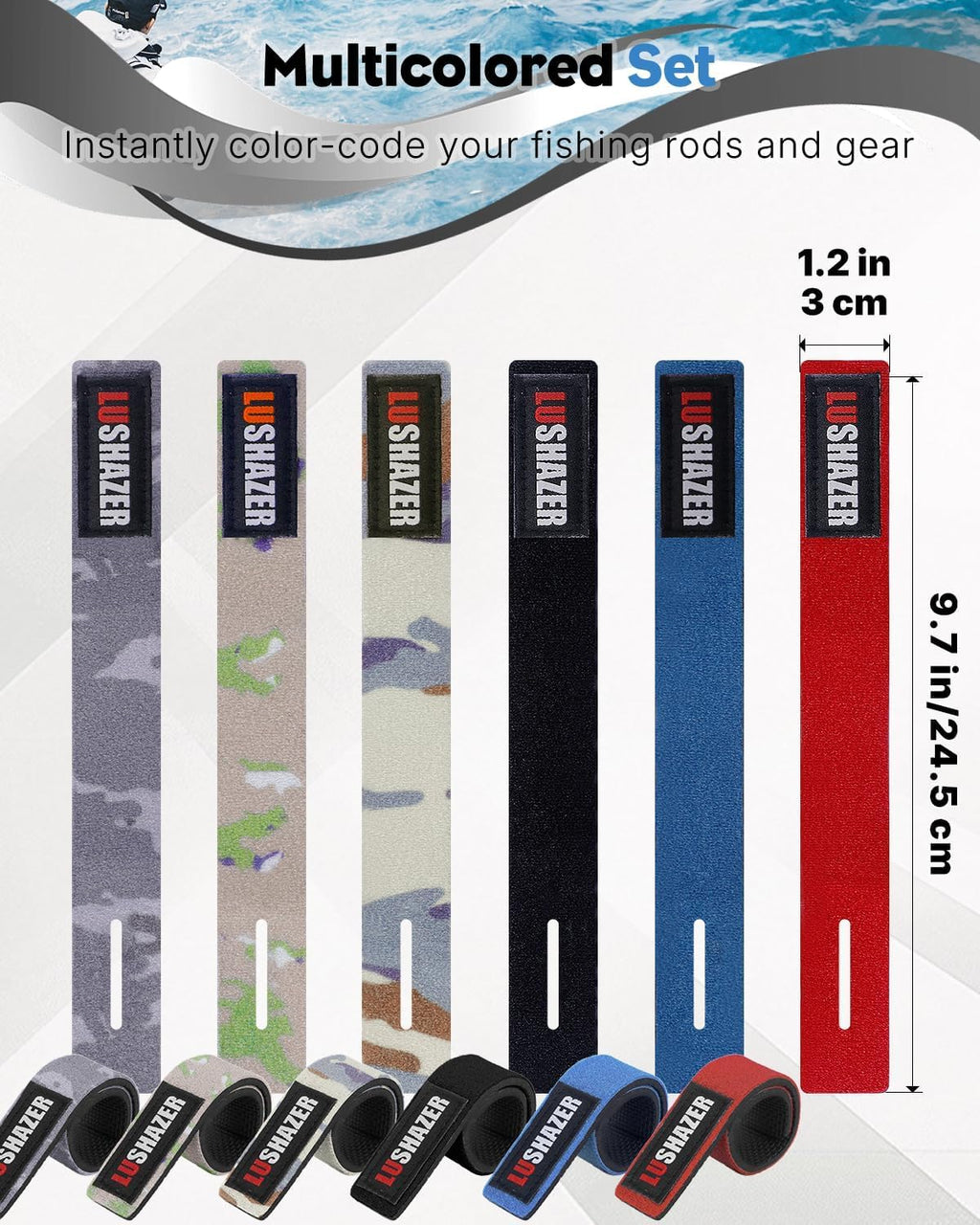 12 Pcs Fishing Rod Straps, 6 Colors, Hook and Loop Pole Straps, Stretchy Neoprene Fishing Rods Ties Rod Wraps, Pole Belts for Casting Rods Spinning