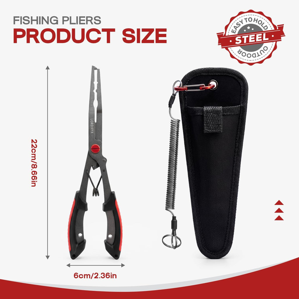 Fishing Pliers 8.4” Long Nose Multi-Function Fishing Tool – Stainless Steel Hook Remover, Line Cutter & Split Ring Opener with Safety Lanyard for Freshwater & Saltwater Fishing