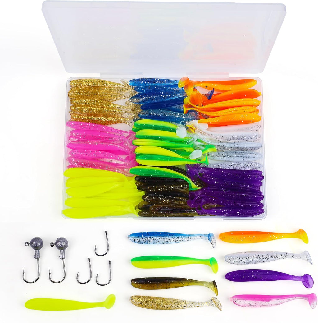 Soft Fishing Lures，90Pcs Fishing Soft Plastic Lures and 5Pcs Fishhook,Paddle Tail Swimbaits Soft Plastic Lures Kit for Bass Trout Walleye Crappie