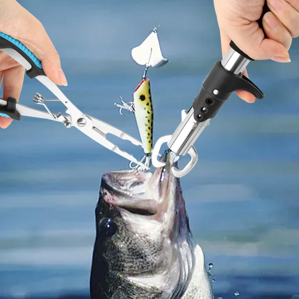 Stainless Steel Fishing Pliers and Fish Gripper Set with Sheath & Lanyard - Multifunctional Fishing Tool Kit for Saltwater Freshwater, Hook Remover, Line Cutter, Crimping