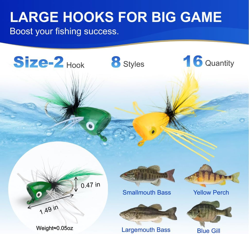 16 Pcs Topwater Fishing Lures Fly Fishing Poppers, 8 Color Popper Lures for Bass Bluegill Crappie Trout Salmon Panfish Perch, Topwater Lures Kit