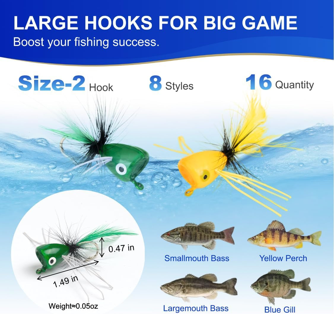 16 Pcs Topwater Fishing Lures Fly Fishing Poppers, 8 Color Popper Lures for Bass Bluegill Crappie Trout Salmon Panfish Perch, Topwater Lures Kit
