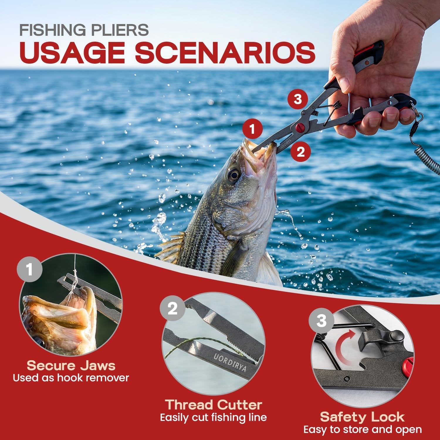 Fishing Pliers 8.4” Long Nose Multi-Function Fishing Tool – Stainless Steel Hook Remover, Line Cutter & Split Ring Opener with Safety Lanyard for Freshwater & Saltwater Fishing