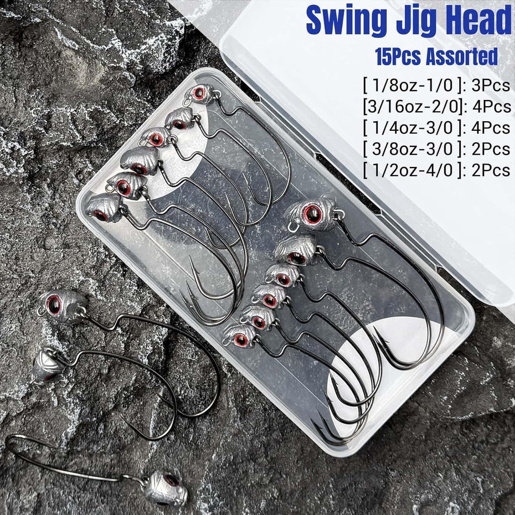 Vivid Fish Eyes Swimbait Jig Heads for Fishing, 15Pcs Swing Bass Jigheads Lifelike Weedless Jig Heads for Ned Rig or Texas Rig 1/8 3/16 1/4 3/8 1/2Oz