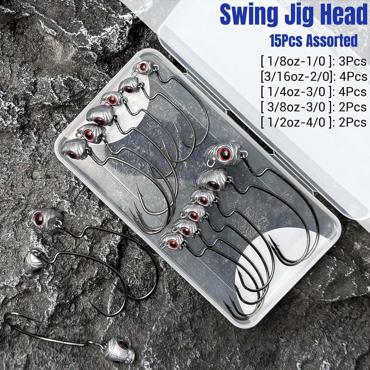 Vivid Fish Eyes Swimbait Jig Heads for Fishing, 15Pcs Swing Bass Jigheads Lifelike Weedless Jig Heads for Ned Rig or Texas Rig 1/8 3/16 1/4 3/8 1/2Oz