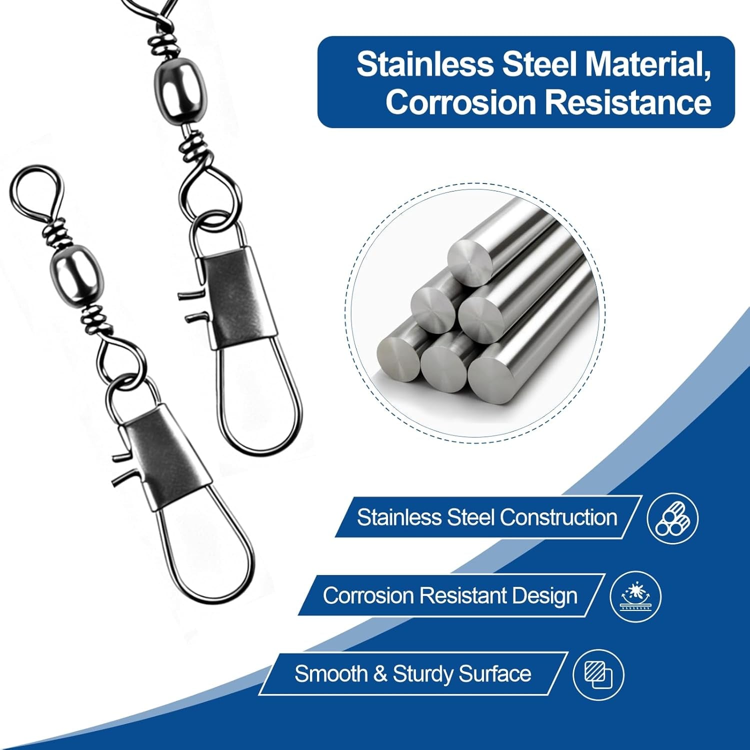200PCS Ball Bearing Barrel Snap Swivels, Heavy Duty Fishing Swivels with Safety Snap, Anti-Tangle Fishing Tackle Connectors for Freshwater Saltwater Lures Hooks