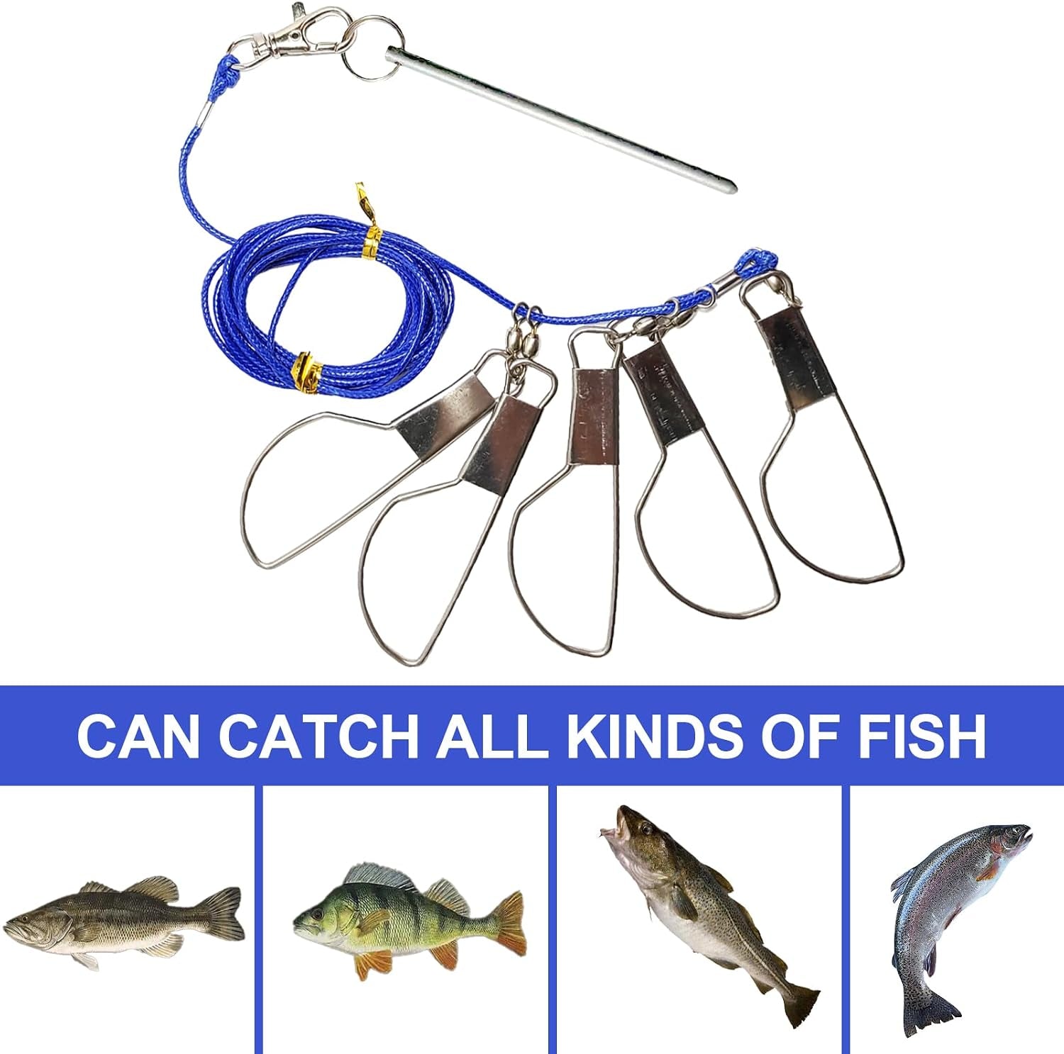Fish Stringer，Fishing Stringer Set, 16Ft Fish Holder Rope with 8 Rotating Snap Locks and Ground Anchor, Heavy Duty Fish Lock for Trout, Perch, Bass, Saltwater or Freshwater Use