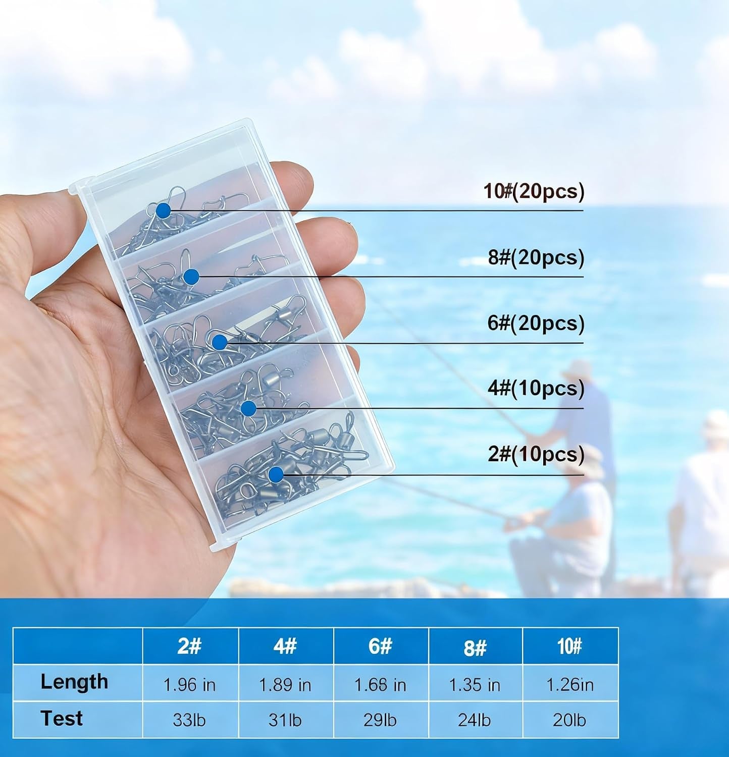 50 Pack Fishing Swivels, 5 Sizes Barrel Swivels with Snaps for Fishing Tackle Accessories