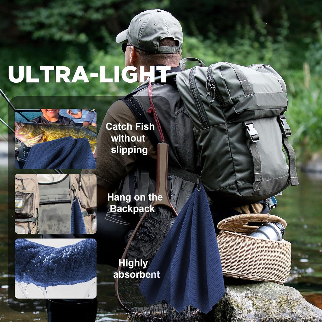 3 Pack Microfiber Fishing Towels with Clip, 16" X 16", Waffle Pattern for Effective Cleaning of Fishing Gears or Dirty Hands, Perfect for Camping Towels and Hiking Towles (Blue, 16"X16")