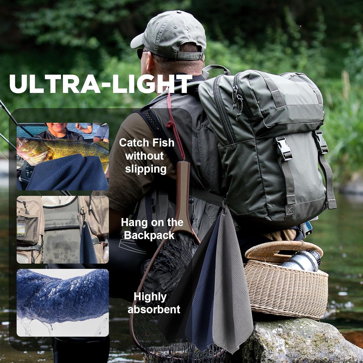 3 Pack Microfiber Fishing Towels with Clip, 16" X 16", Waffle Pattern for Effective Cleaning of Fishing Gears or Dirty Hands, Perfect for Camping Towels and Hiking Towles
