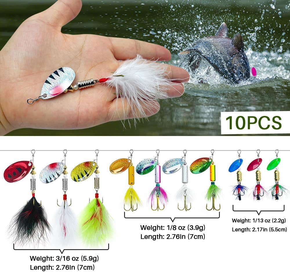 10Pcs Spinner Lures Baits with Tackle Box, Bass Trout Salmon Hard Metal Rooster Tail Fishing Lures Kit