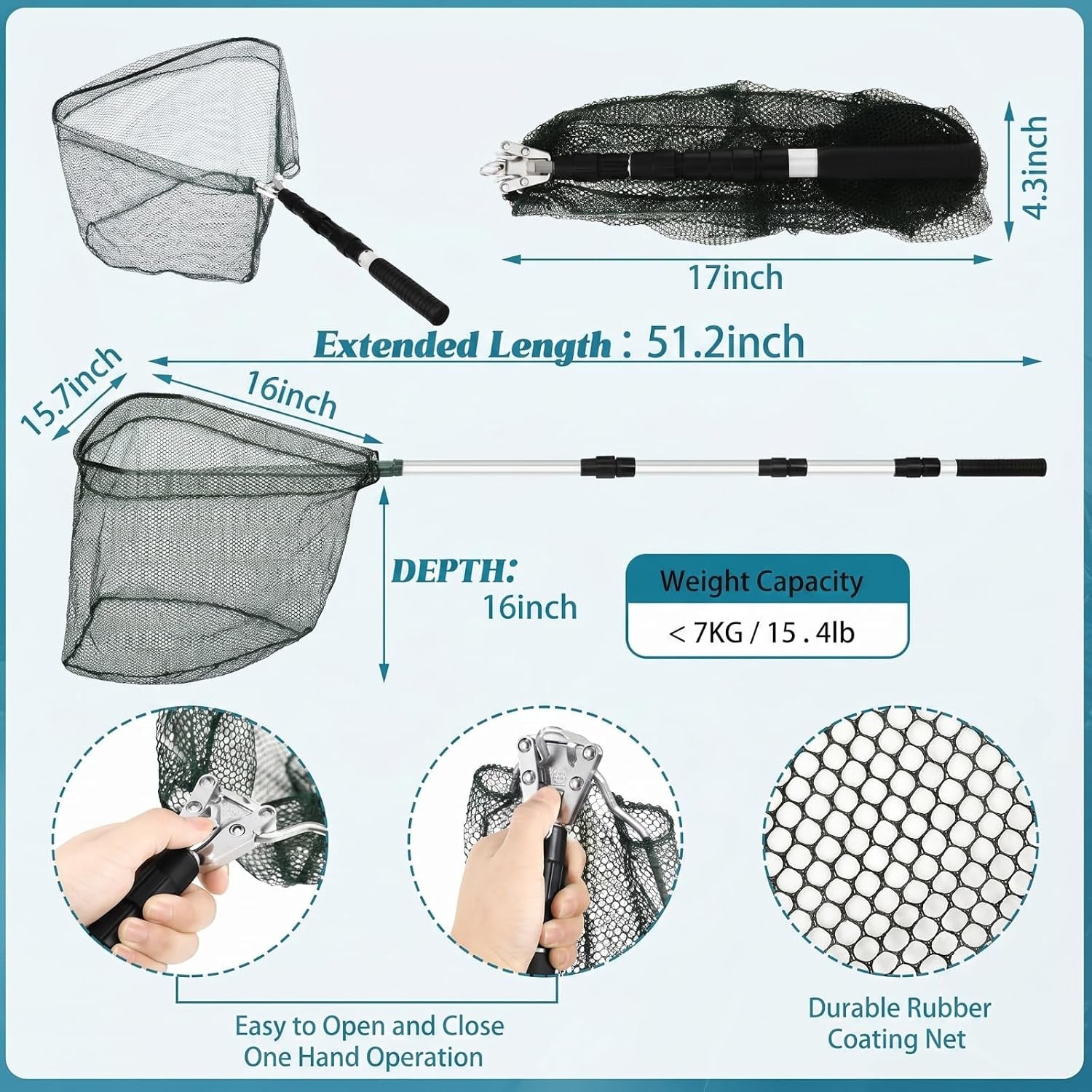 7 Pcs Fishing Gear and Equipment Fishing Net Tool Kit for Boys Men Fish Accessories Include Foldable Landing Net Hook Remover Tool, Digital Scale, Lanyard Beginners Gifts(51.2 Inches,Black)