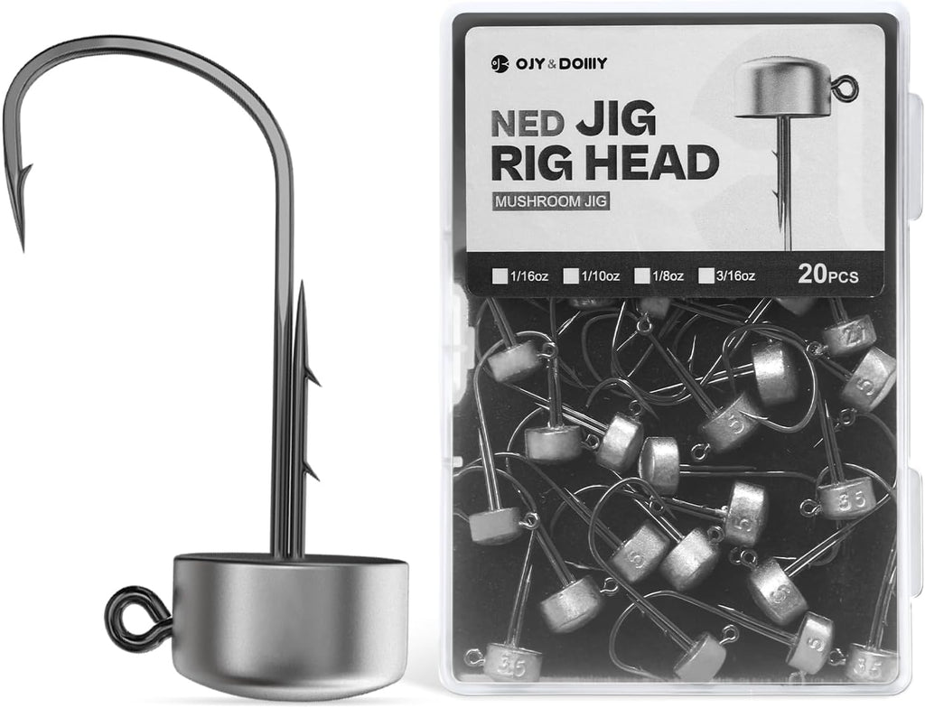 Ned Rig Jig Heads, 20 Pack Finesse Mushroom Jig Hooks Kit for Bass Fishing 1/16 3/32 1/8 3/16Oz