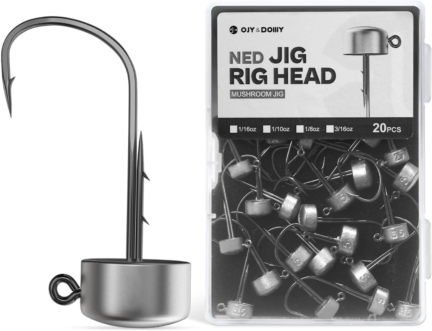 Ned Rig Jig Heads, 20 Pack Finesse Mushroom Jig Hooks Kit for Bass Fishing 1/16 3/32 1/8 3/16Oz