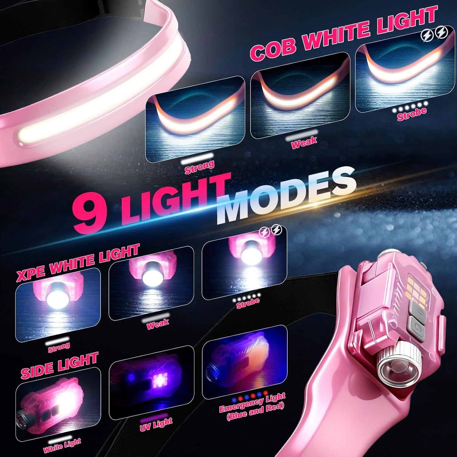 Pink Fishing Tool Set, 9 Modes Rechargeable LED Headlamp, Long Nose Fishing Pliers, Fish Lip Gripper, Night Fishing Gear Kit Fishing Gift for Men Women