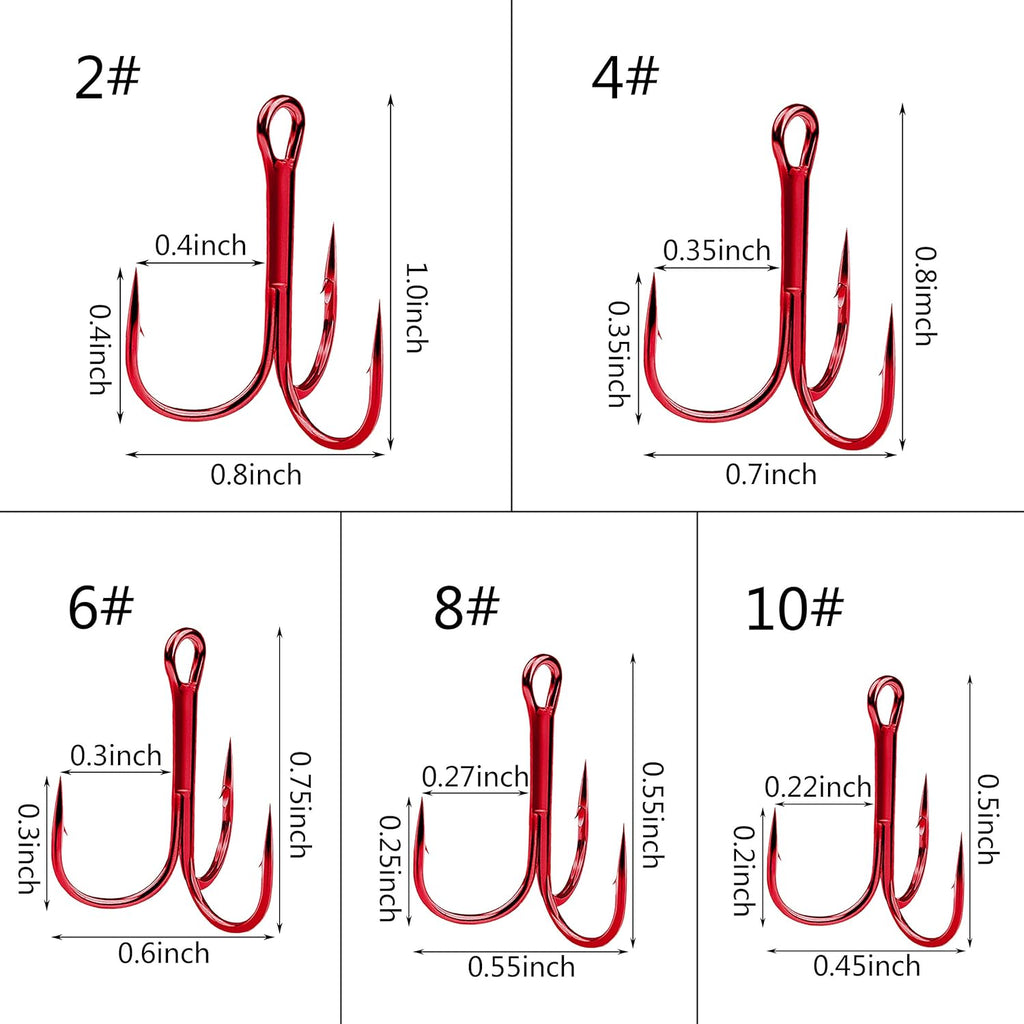 Red Treble Hooks Kit, Circle round Bend Triple Fishing Hooks Stainless Steel Double Split Rings Assorted Fishing Tackle Box Kit for Fishing Gear Equipment Freshwater Saltwater