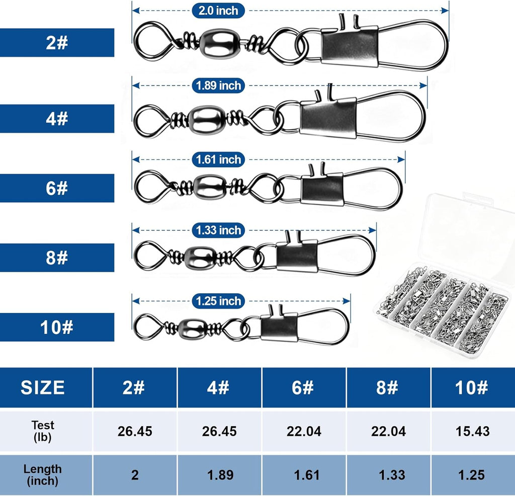 200PCS Ball Bearing Barrel Snap Swivels, Heavy Duty Fishing Swivels with Safety Snap, Anti-Tangle Fishing Tackle Connectors for Freshwater Saltwater Lures Hooks