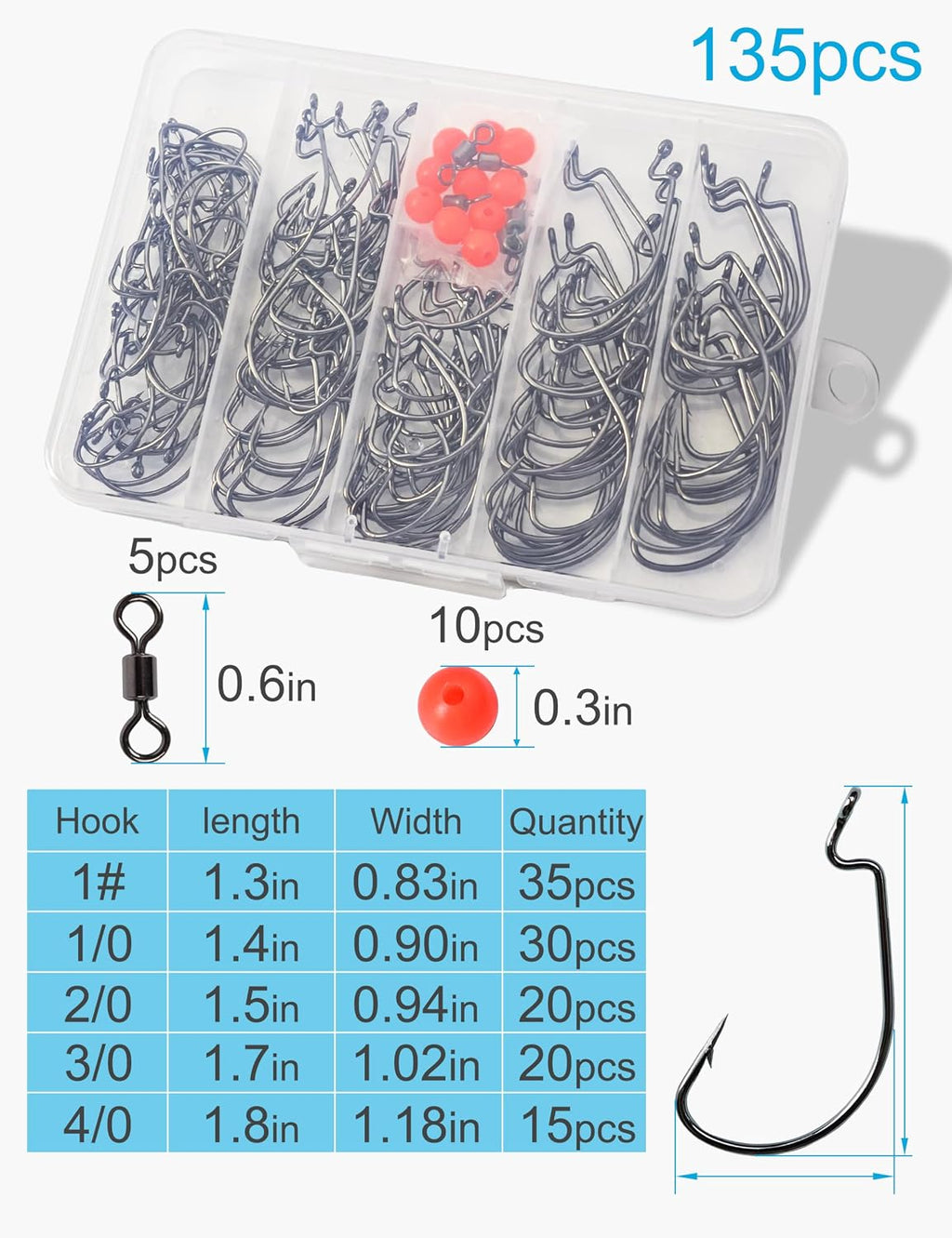135Pcs Bass Fishing Hooks Set - 110Pcs High Carbon Steel Offset Worm Hooks Assortment #1, 1/0, 2/0, 3/0, 4/0 with 10Pcs 8Mm Red Beads and 5Pcs #2 Barrel Swivels - EWG Hooks for Plastic Worms