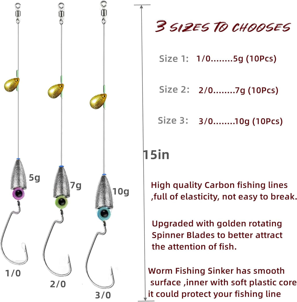 10Pcs Fishing Bullet Weights Texas Rigs Ready Kit,Worms, Sinker (10G/7G/5G), Worm Hooks, Carbon Line,Spinner Blades，Eye Beads Bait, Fishing Bass Rig Saltwater Freshwater